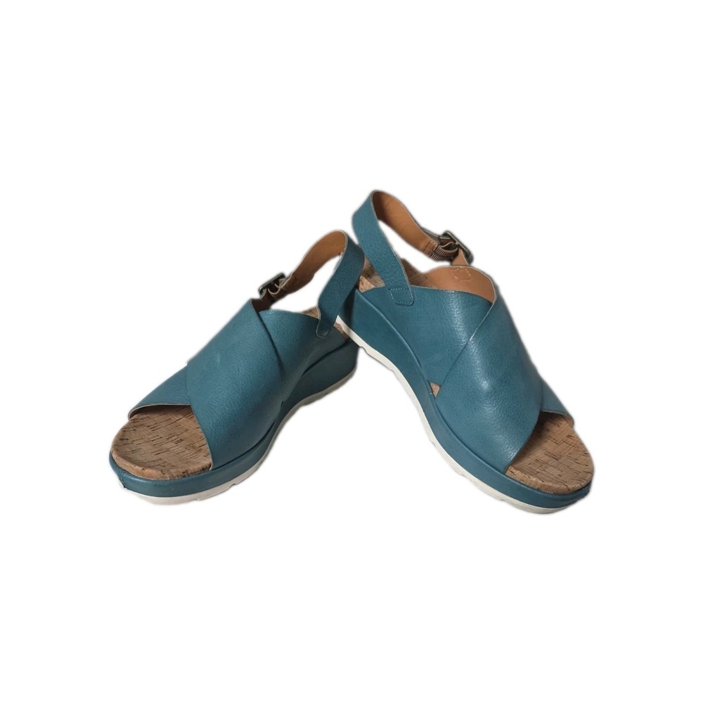Kork-Ease Chloe blue leather wedge sandals. Size 10.